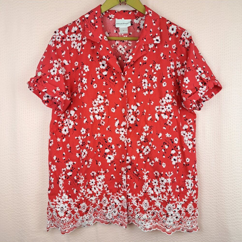Alfred Dunner Red Floral Short Sleeve Blouse Embroidered 100% Cotton Size S